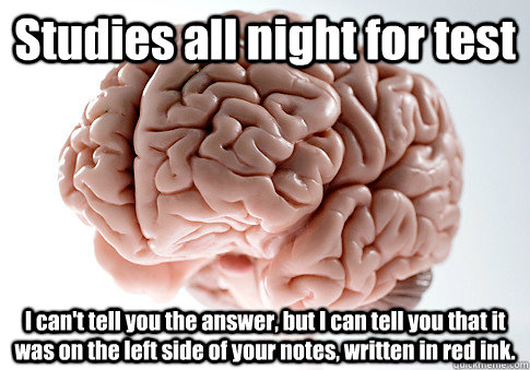 Studies all night for test I can't tell you the answer, but I can tell you that it was on the left side of your notes, written in red ink.    Scumbag Brain