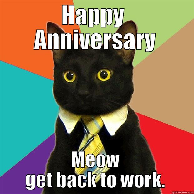 HAPPY  ANNIVERSARY MEOW GET BACK TO WORK. Business Cat