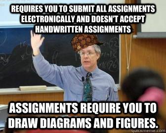 Requires you to submit all assignments electronically and doesn't accept handwritten assignments Assignments require you to draw diagrams and figures.  Scumbag Professor