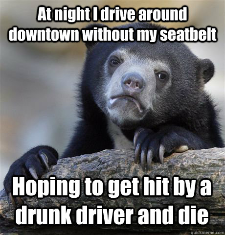 At night I drive around downtown without my seatbelt Hoping to get hit by a drunk driver and die  Confession Bear