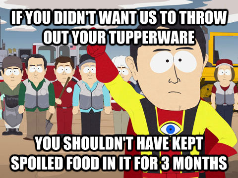IF YOU DIDN'T WANT US TO THROW OUT YOUR TUPPERWARE YOU SHOULDN'T HAVE KEPT SPOILED FOOD IN IT FOR 3 MONTHS  Captain Hindsight