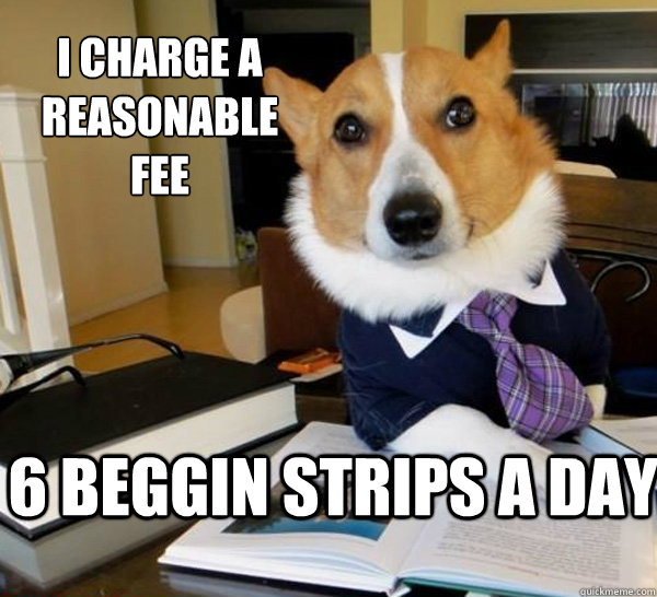 i charge a reasonable fee 6 beggin strips a day  Lawyer Dog
