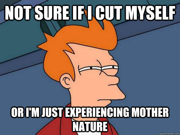 Not sure if I cut myself Or I'm just experiencing mother nature  Futurama Fry
