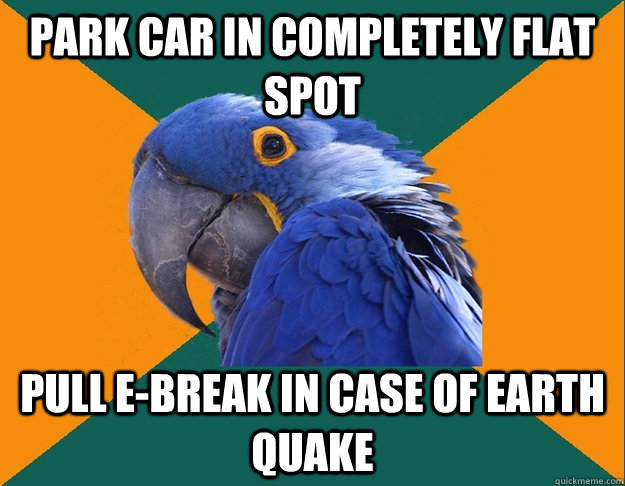 Park car in completely flat spot Pull E-Break in Case of Earth Quake  Paranoid Parrot
