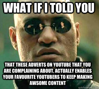what if i told you that these adverts on youtube that you are complaining about, actually enables your favourite youtubers to keep making awsome content  Matrix Morpheus