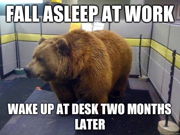 fall asleep at work wake up at desk two months later  Office Grizzly
