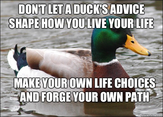 Don't let a duck's advice shape how you live your life Make your own life choices and forge your own path  Actual Advice Mallard
