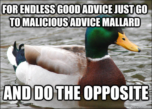 For endless good advice just go to Malicious advice mallard And do the opposite  Actual Advice Mallard