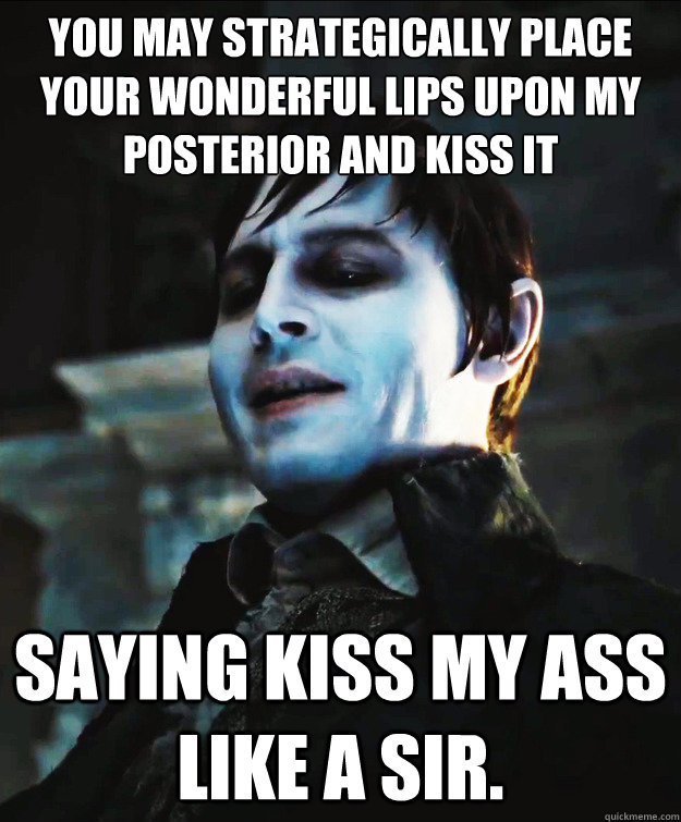 You may strategically place your wonderful lips upon my posterior and kiss it repeatedly! Saying kiss my ass like a sir.  