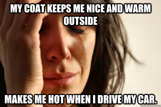 My coat keeps me nice and warm outside Makes me hot when I drive my car.  First World Problems
