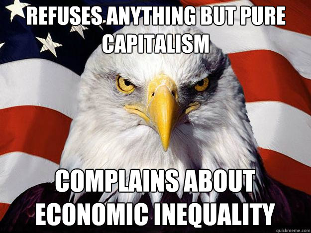 Refuses anything but pure capitalism Complains about economic inequality  Patriotic Eagle