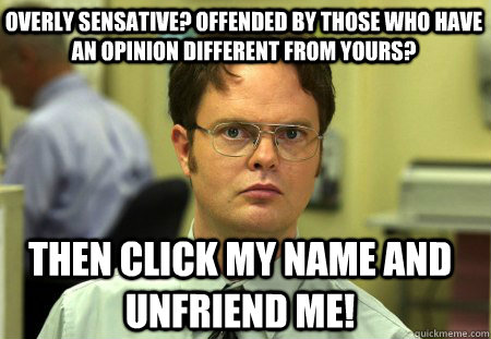 Overly sensative? Offended by those who have an opinion different from yours?  Then click my name and unfriend me!  Schrute