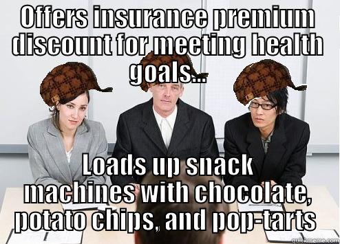 OFFERS INSURANCE PREMIUM DISCOUNT FOR MEETING HEALTH GOALS... LOADS UP SNACK MACHINES WITH CHOCOLATE, POTATO CHIPS, AND POP-TARTS  Scumbag Employer