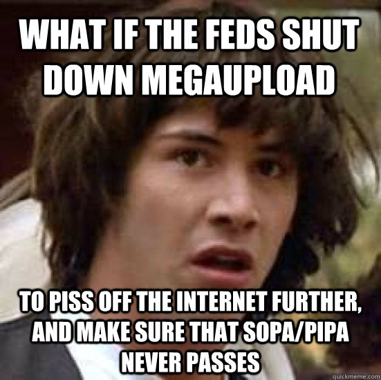 what if the feds shut down megaupload to piss off the internet further, and make sure that SOPA/PIPA never passes  conspiracy keanu