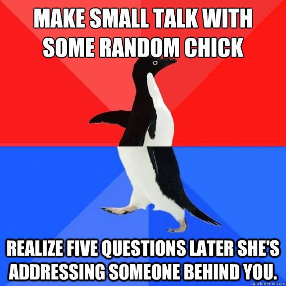Make small talk with some random chick Realize five questions later she's addressing someone behind you.  Socially Awksome Penguin