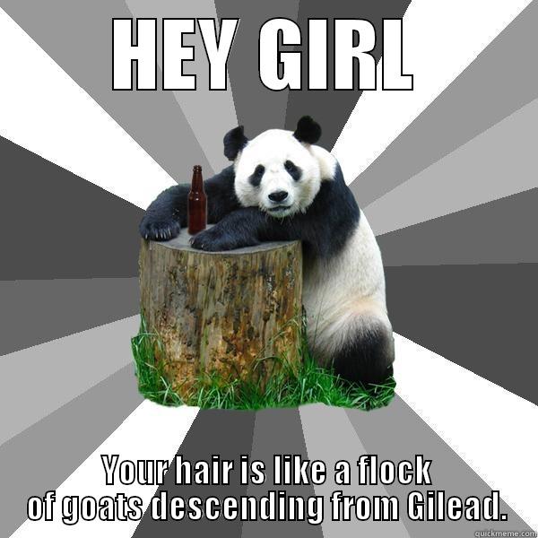 Song of solomon - HEY GIRL YOUR HAIR IS LIKE A FLOCK OF GOATS DESCENDING FROM GILEAD. Pickup-Line Panda
