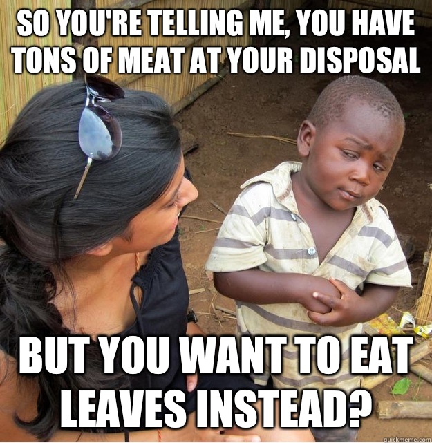 So you're telling me, you have tons of meat at your disposal But you want to eat leaves instead?  Skeptical Third World Kid