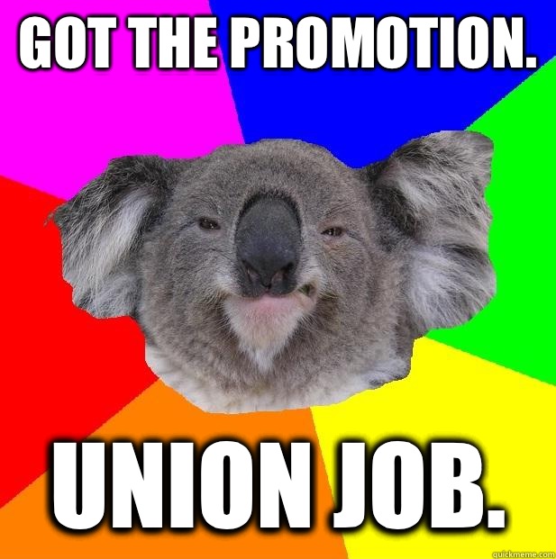 Got the promotion. Union job. - Got the promotion. Union job.  Incompetent coworker koala