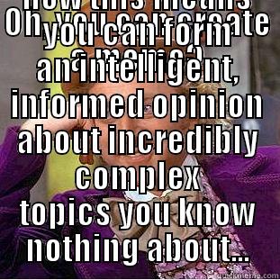 OH, YOU CAN CREATE A MEME? TELL ME AGAIN HOW THIS MEANS YOU CAN FORM AN INTELLIGENT, INFORMED OPINION ABOUT INCREDIBLY COMPLEX TOPICS YOU KNOW NOTHING ABOUT... Condescending Wonka