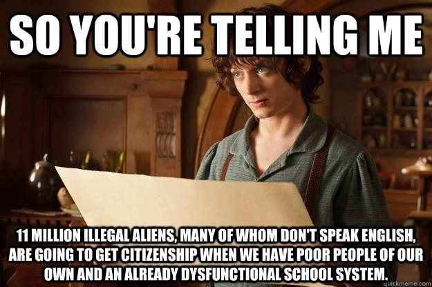 So you're telling me 11 MILLION ILLEGAL ALIENS, MANY OF WHOM DON'T SPEAK ENGLISH, ARE GOING TO GET CITIZENSHIP WHEN WE HAVE POOR PEOPLE OF OUR OWN AND AN ALREADY DYSFUNCTIONAL SCHOOL SYSTEM. - So you're telling me 11 MILLION ILLEGAL ALIENS, MANY OF WHOM DON'T SPEAK ENGLISH, ARE GOING TO GET CITIZENSHIP WHEN WE HAVE POOR PEOPLE OF OUR OWN AND AN ALREADY DYSFUNCTIONAL SCHOOL SYSTEM.  Annoyed Frodo