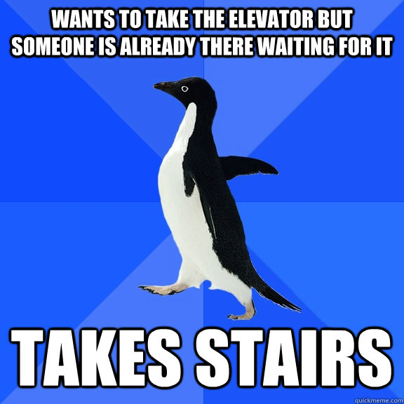 Wants to take the elevator but someone is already there waiting for it takes stairs  Socially Awkward Penguin