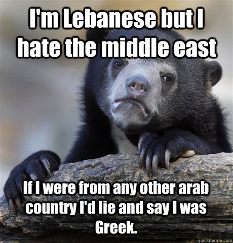 I'm Lebanese but I hate the middle east If I were from any other arab country I'd lie and say I was Greek.  Confession Bear
