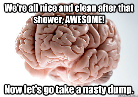 We're all nice and clean after that shower, AWESOME! Now let's go take a nasty dump.   Scumbag Brain