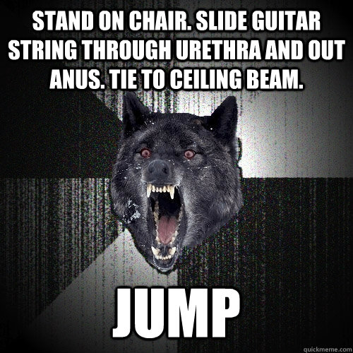 stand on chair. slide guitar string through urethra and out anus. tie to ceiling beam. jump  Insanity Wolf