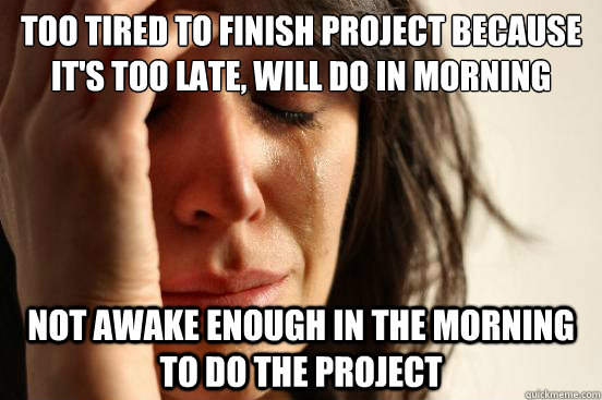 too tired to finish project because it's too late, will do in morning not awake enough in the morning to do the project  First World Problems