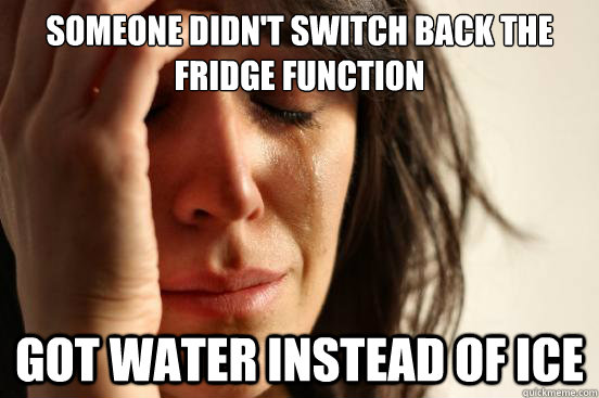 Someone didn't switch back the fridge function Got water instead of ice  First World Problems