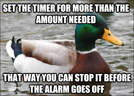 Set the timer for more than the amount needed that way you can stop it before the alarm goes off  Actual Advice Mallard
