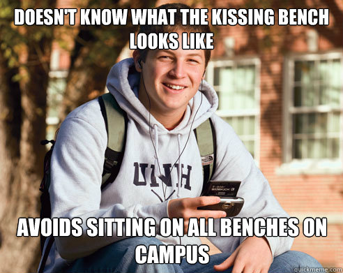 Doesn't know what the Kissing Bench looks like Avoids sitting on all benches on campus  College Freshman