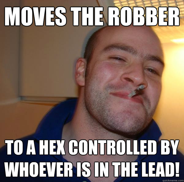 moves the robber to a hex controlled by whoever is in the lead! - moves the robber to a hex controlled by whoever is in the lead!  Misc