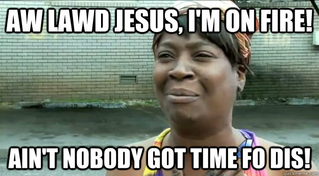 aw lawd jesus, i'm on fire! Ain't nobody got time fo dis! - aw lawd jesus, i'm on fire! Ain't nobody got time fo dis!  Sweet Brown