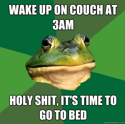Wake up on couch at 3AM Holy shit, it's time to go to bed  Foul Bachelor Frog