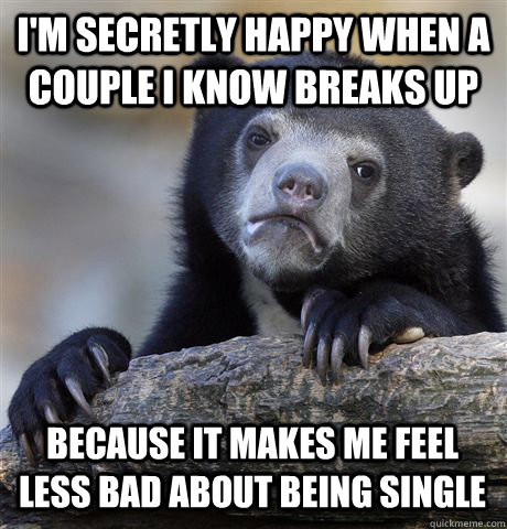 I'M SECRETLY HAPPY WHEN A COUPLE I KNOW BREAKS UP BECAUSE IT MAKES ME FEEL LESS BAD ABOUT BEING SINGLE - I'M SECRETLY HAPPY WHEN A COUPLE I KNOW BREAKS UP BECAUSE IT MAKES ME FEEL LESS BAD ABOUT BEING SINGLE  Confession Bear
