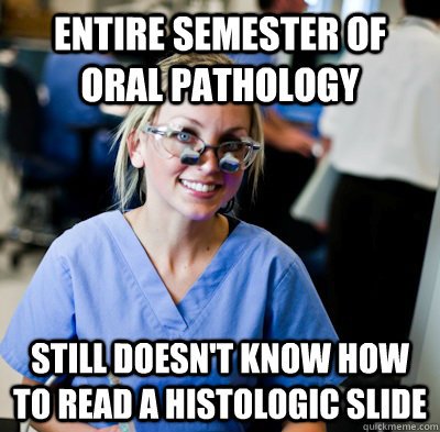 Entire Semester of Oral Pathology Still doesn't know how to read a histologic slide  overworked dental student