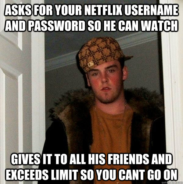 Asks for your Netflix username and password so he can watch Gives it to all his friends and exceeds limit so you cant go on  Scumbag Steve