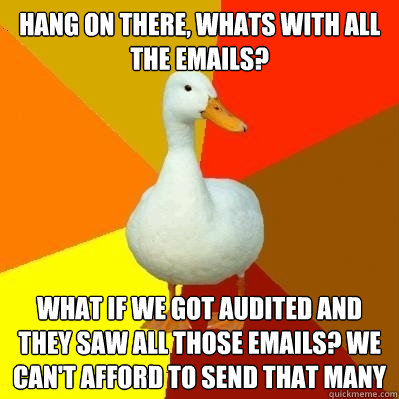 hang on there, whats with all the emails? what if we got audited and they saw all those emails? we can't afford to send that many   Tech Impaired Duck