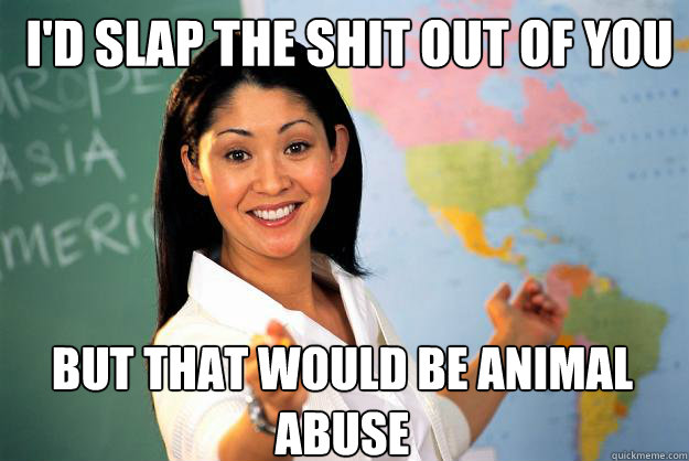 i'D SLAP THE SHIT OUT OF YOU bUT THAT WOUld be animal abuse  Unhelpful High School Teacher