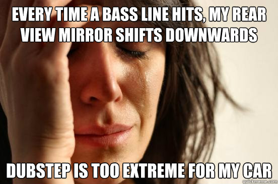every time a bass line hits, my rear view mirror shifts downwards dubstep is too extreme for my car  First World Problems
