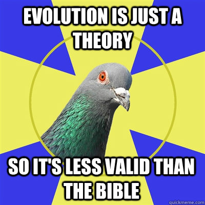 evolution is just a theory so it's less valid than the bible  Religion Pigeon