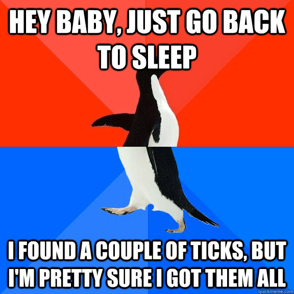 hey baby, just go back to sleep i found a couple of ticks, but i'm pretty sure i got them all  Socially Awesome Awkward Penguin