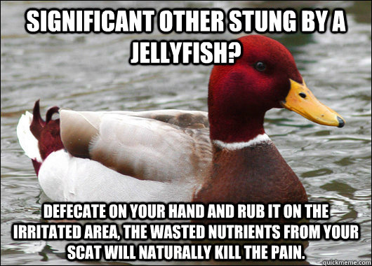 Significant other stung by a jellyfish? Defecate on your hand and rub it on the irritated area, the wasted nutrients from your scat will naturally kill the pain.  Malicious Advice Mallard