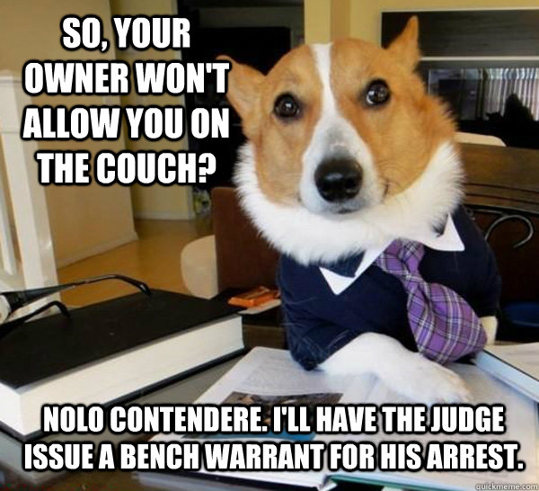 So, your owner won't allow you on the couch? Nolo contendere. I'll have the judge issue a bench warrant for his arrest. - So, your owner won't allow you on the couch? Nolo contendere. I'll have the judge issue a bench warrant for his arrest.  Lawyer Dog