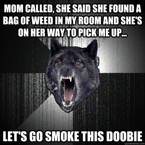 Mom called, she said she found a bag of weed in my room and she's on her way to pick me up... Let's go Smoke this doobie  Insanity Wolf