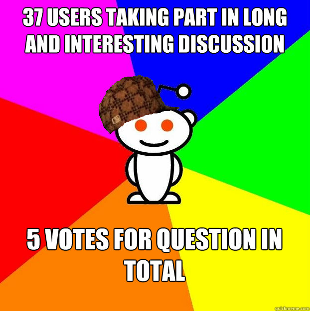 37 users taking part in long and interesting discussion  5 votes for question in total  Scumbag Redditor