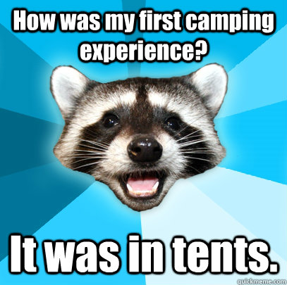 How was my first camping experience? It was in tents.  Lame Pun Coon