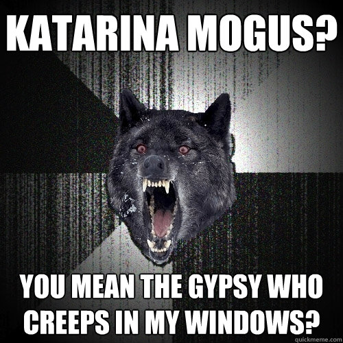 katarina mogus? YOU MEAN THE GYPSY WHO CREEPS IN MY WINDOWS?  Insanity Wolf