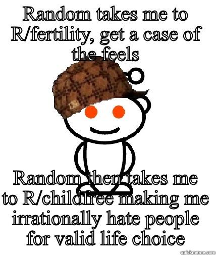 Scumbag Random - RANDOM TAKES ME TO R/FERTILITY, GET A CASE OF THE FEELS RANDOM THEN TAKES ME TO R/CHILDFREE MAKING ME IRRATIONALLY HATE PEOPLE FOR VALID LIFE CHOICE Scumbag Reddit